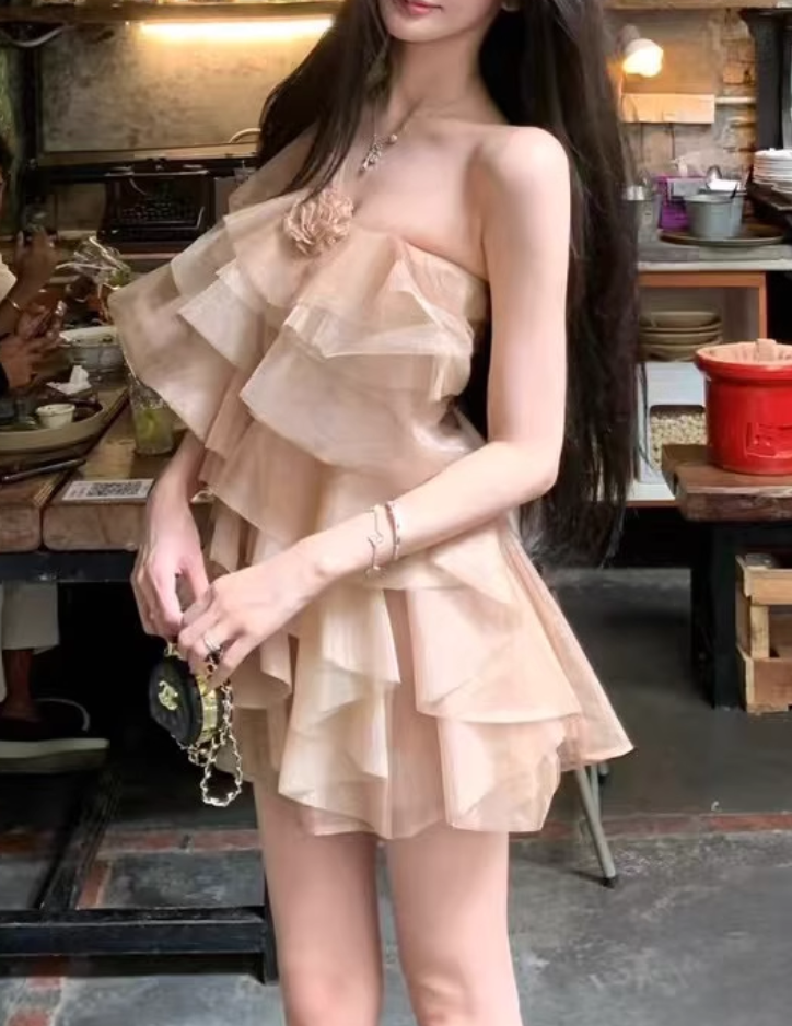 Retro Champagne 3D Flower Design Tulle Design A-line Short Party Dress Homecoming Dresses D1446
