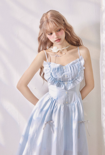 Fresh blue accordion pleated ruffled waisted suspender dress R5250