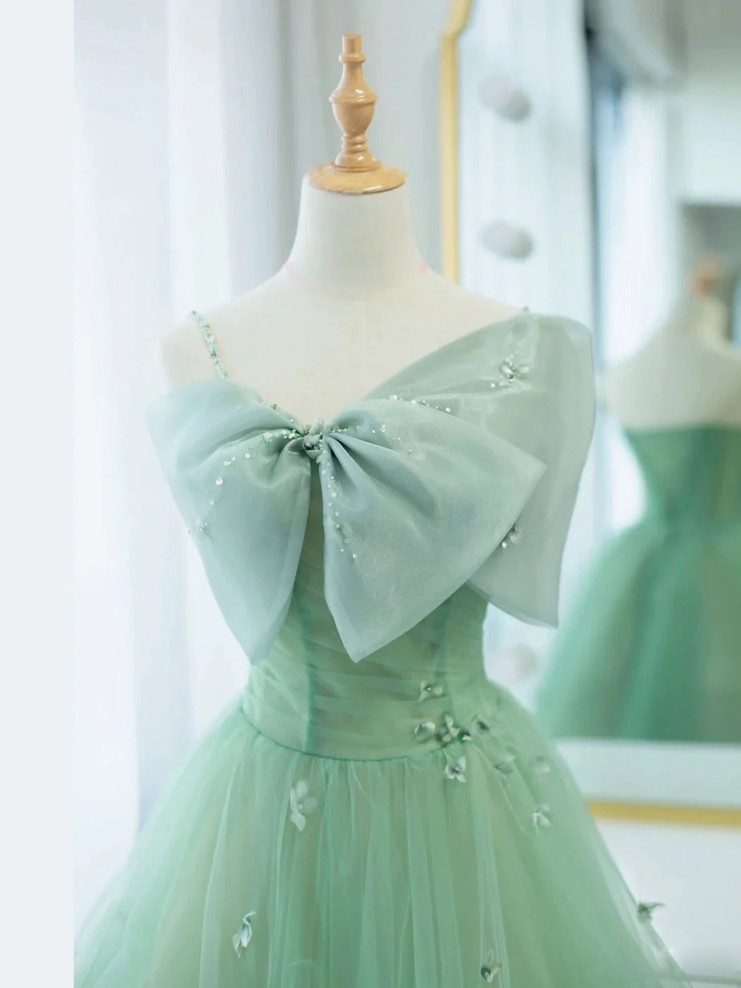 Simple Green tulle tea length prom dress, green tulle formal dress M5818