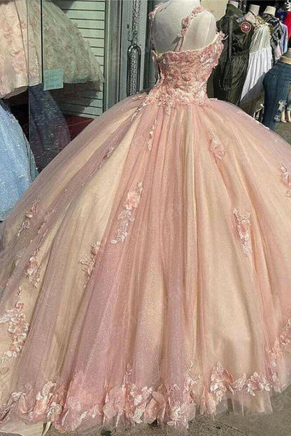 Retro Pink Sweetheart Appliqued 3D Flower A-Line Tulle 18 Birthday Quinceanera Dresses Evening Ball Gowns D1603