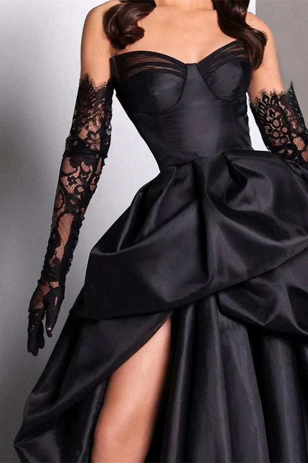 Retro Black Sweetheart Irregular Ruffle Hem Lace Gloves Design Elegant A-Line Satin Evening Dress Prom Dress D1605