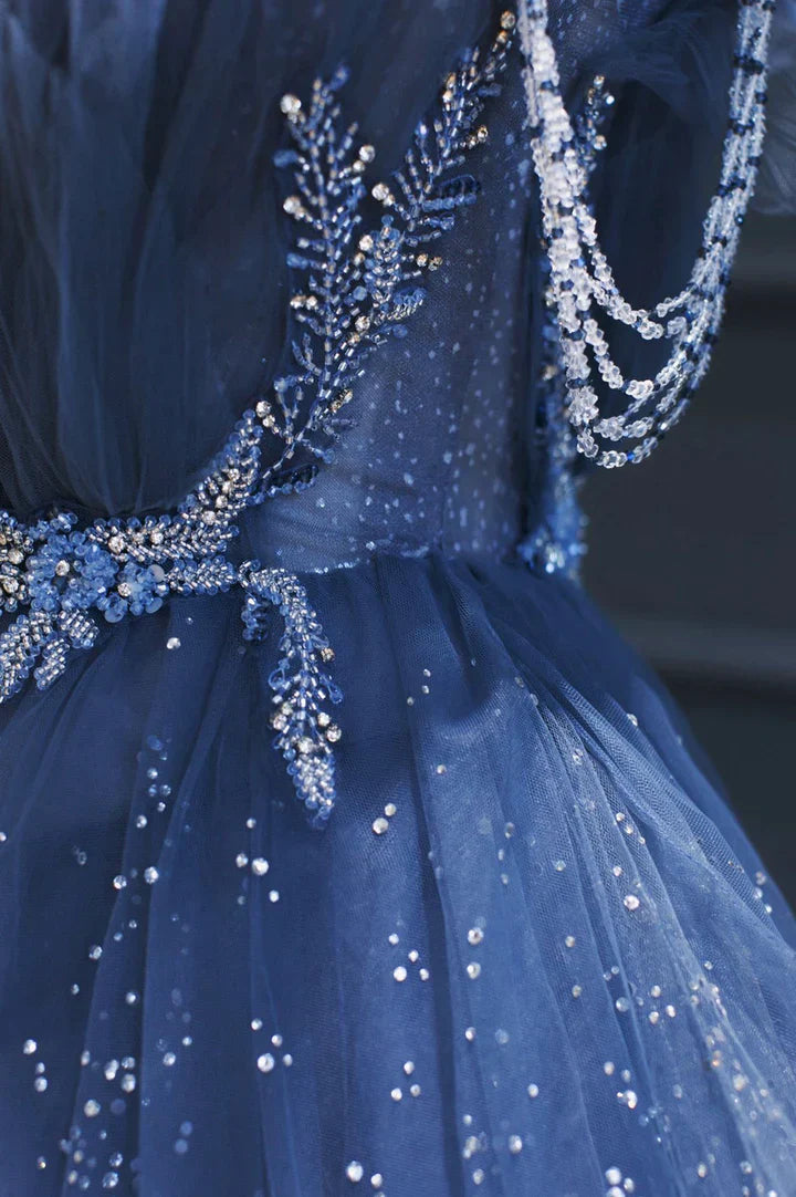 Vintage Blue Beaded Design Elegant A-Line Chiffon Tulle Evening Dress Prom Dress D1602