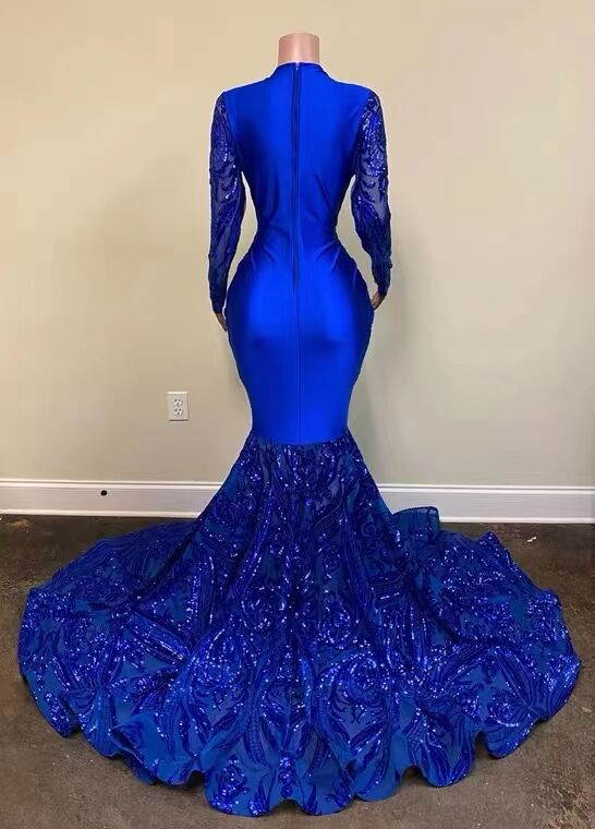 Mermaid Royal Blue Long Sleeevs Deep V Neck Prom Dresses Formal Evening Dresses   S2418