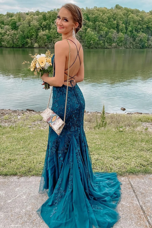 Mermaid Backless Blue Tulle Lace Long Prom Dresses, Blue Lace Formal Dresses, Mermaid Blue Evening Dresses     S2428