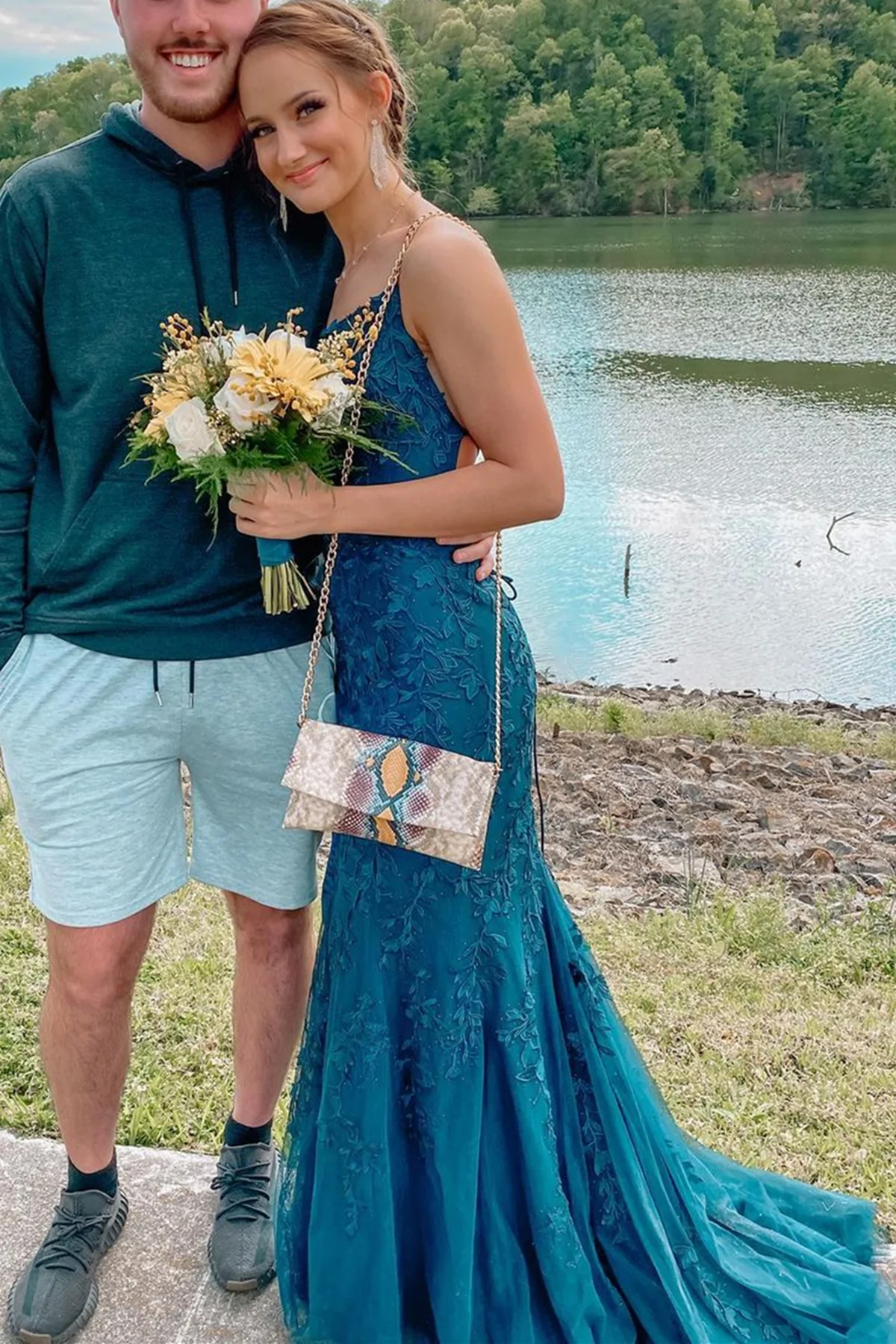Mermaid Backless Blue Tulle Lace Long Prom Dresses, Blue Lace Formal Dresses, Mermaid Blue Evening Dresses     S2428