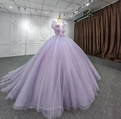 Shimmering Beaded Layered & Ruffled Deep V Neck Quinceañera Princess Ball Gown