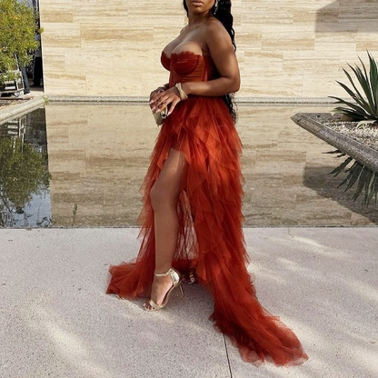 Gorgeous Sweetheart Rust Tiered Long Formal Dress with Slit    fg2555