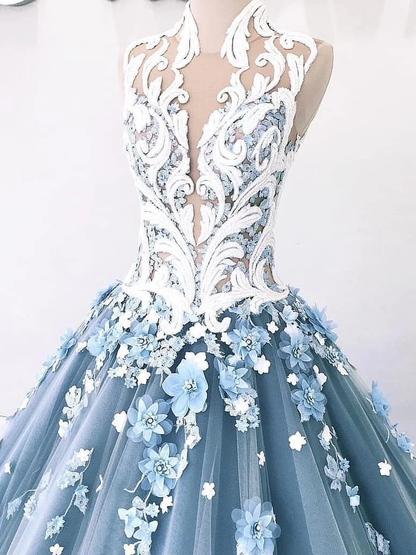 Vintage Ball Gown Prom Dress Tulle High Neck Customed Prom Dress