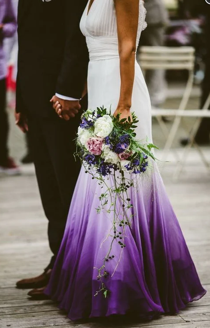 V neck Ombre Formal Prom Dress A Line Wedding Dress Party Gown