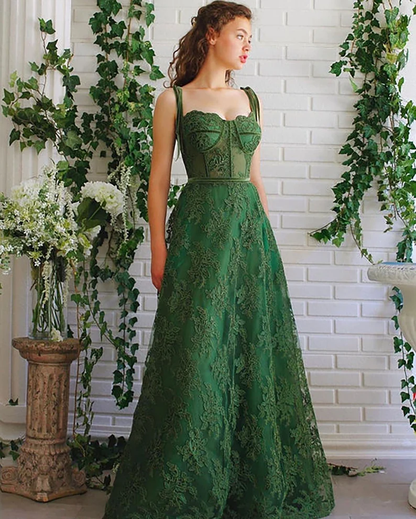 Dark Green Lace Prom Gown A line Long Green Lace Fairy Prom Dress Sweetheart Tied Straps Ball Gown Prom Dress Lace Homecoming/Party Dress
