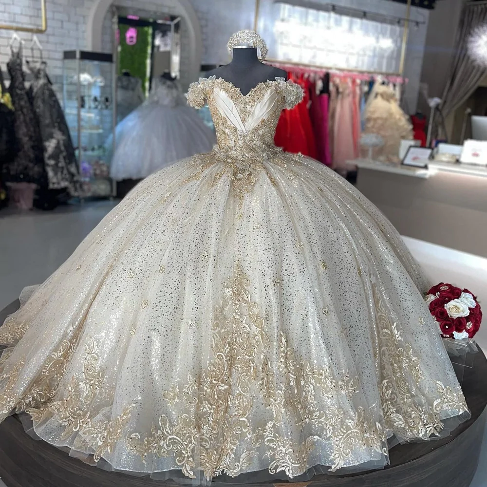 Sparkly Off Shoulder Champagne Quinceañera Dress Party Ball Gown