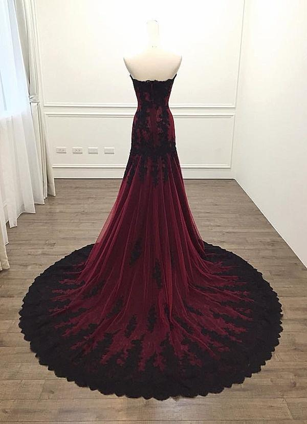 Black And Red Sweetheart Tulle With Lace Glam Evening Gown Party Dress Long Formal Dress