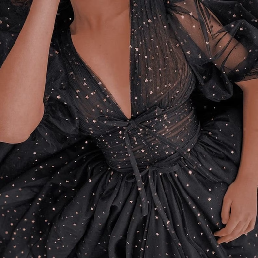 Black Tulle lace dress Black Dress Womens glitter Dress V-neckline Puff Sleeve Party Dress     fg2974