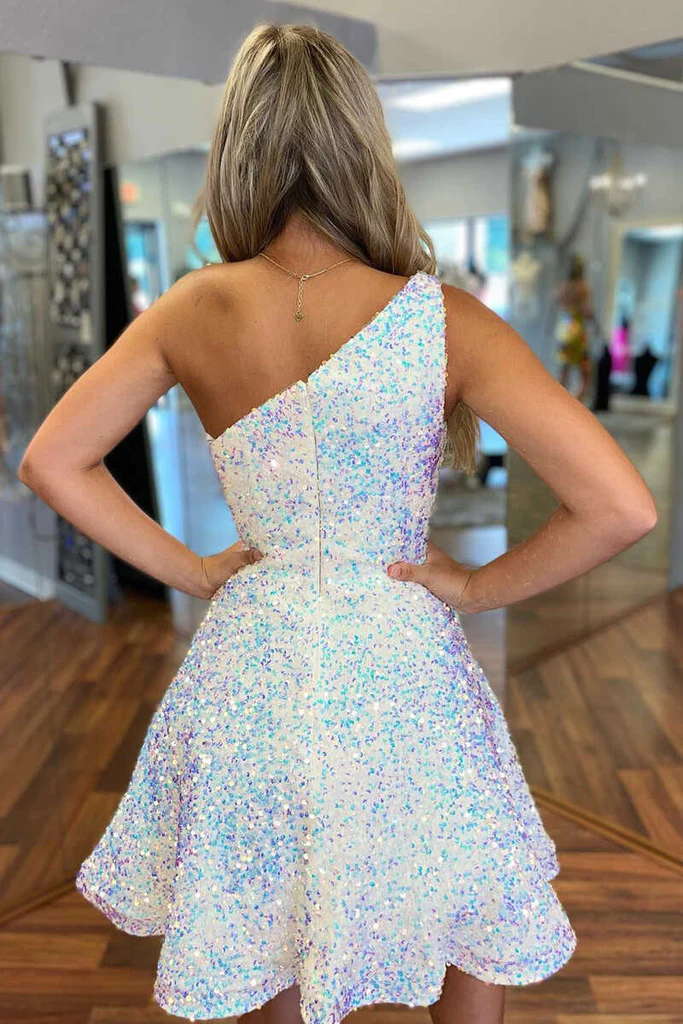 Sparkly A Line Sequined One Shoulder Homecoming Gown Short Prom Dress