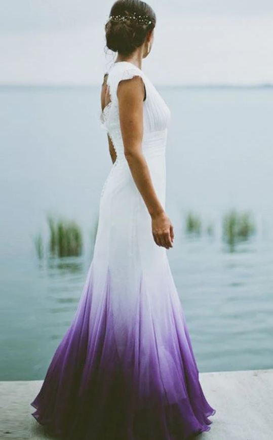 V neck Ombre Formal Prom Dress A Line Wedding Dress Party Gown
