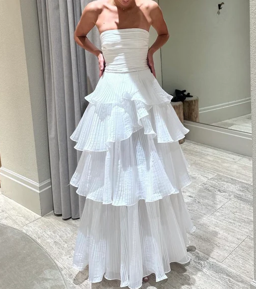 White Multi layer Evening Dresses Long White Prom Gown