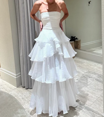White Multi layer Evening Dresses Long White Prom Gown