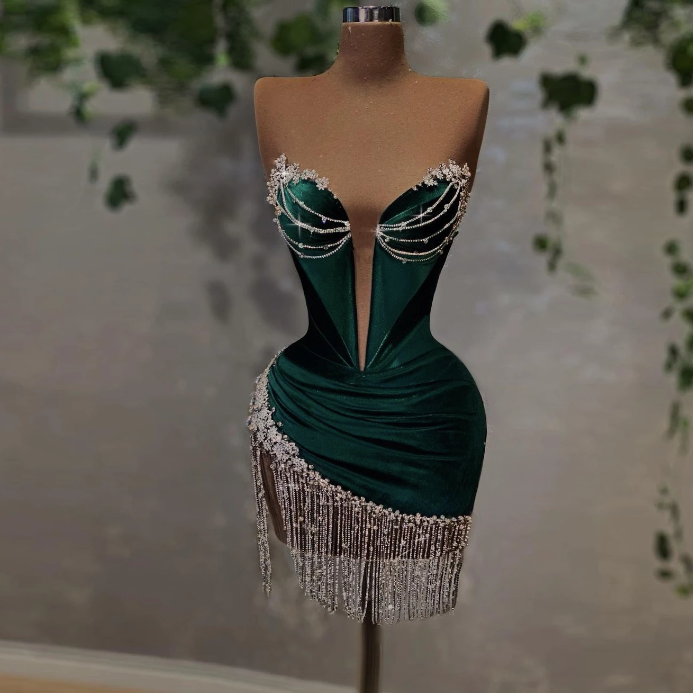 Sexy Elegant Short Party Dresses Strapless Sleeveless Crystals Tassel African Women Mini Evening Cocktail Gowns