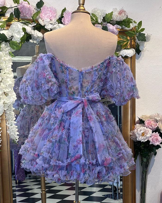 Floral Off the Shoulder Pleated Tulle Homecoming Dress       S2616