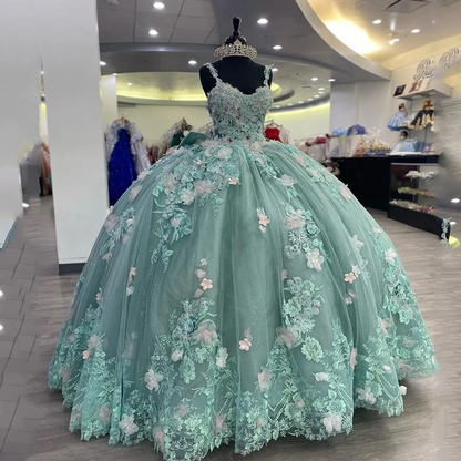 Green Princess Ball Gown Quinceanera Dresses With Bow Appliques Sweet 16 Dress Vestidos De 15 anos