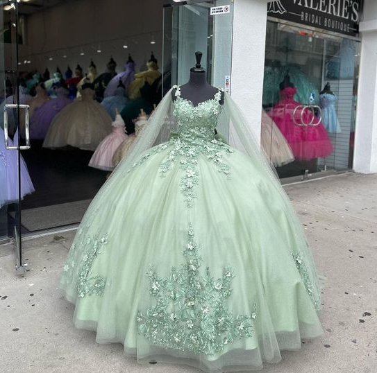Sage Green Shiny Sweetheart Quinceanera Dresses With Cape Sweet 16 Dresses Ball Gown Applique Tulle Birthday Gowns