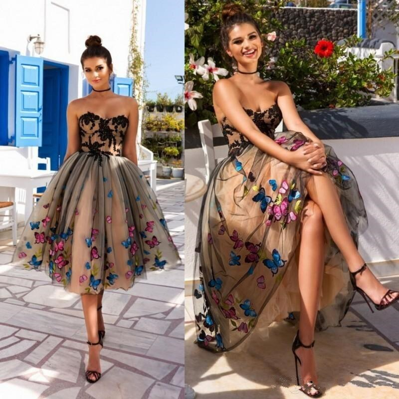 Black and Champagne Tulle Short Prom Dresses Sweetheart Butterflies Applique Homecoming Party Gowns Tea Length