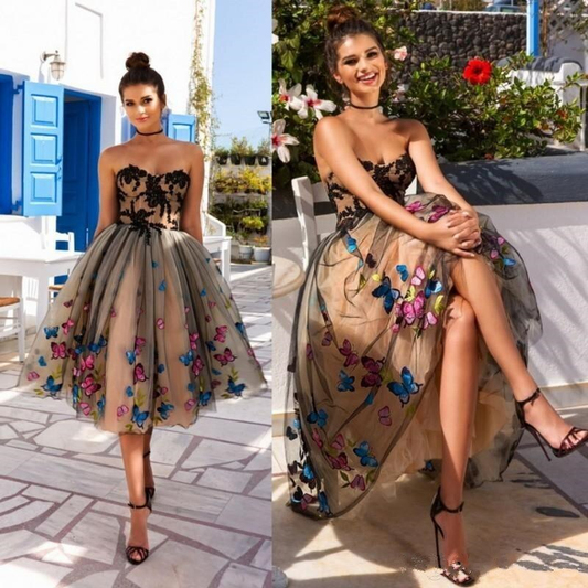 Black and Champagne Tulle Short Prom Dresses Sweetheart Butterflies Applique Homecoming Party Gowns Tea Length