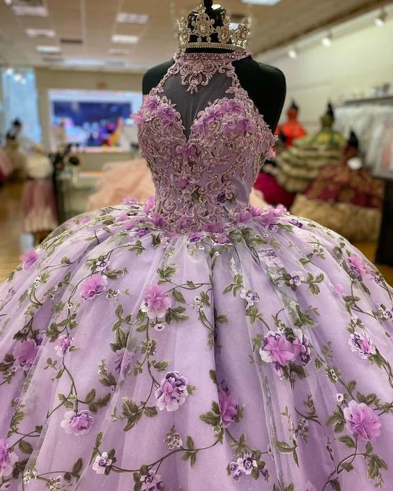 Purple A line Ball Gown With Flowers Purple Sweet 16 Dress