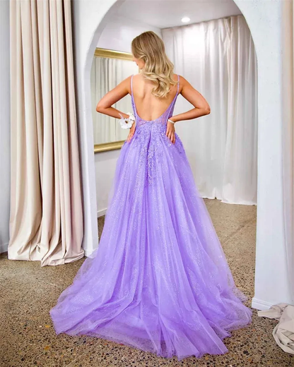 A-Line Prom Dress Spaghetti Straps Sequin Applique Tulle Evening Birthday Party Dress    fg5627