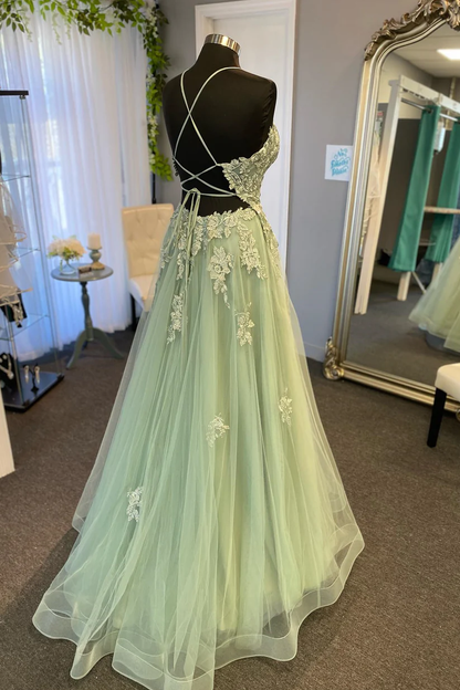 Straps Sage Green Appliques A-line Long Formal Dress   fg4484