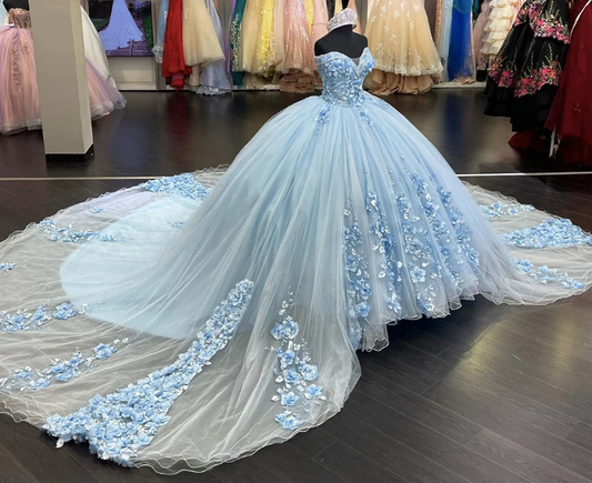 Baby Blue Long Quinceanera Dresses Ball Gown Birthday Party Dress Lace Up Graduation Gown Sweetheart Quinceanera De 15 Anos