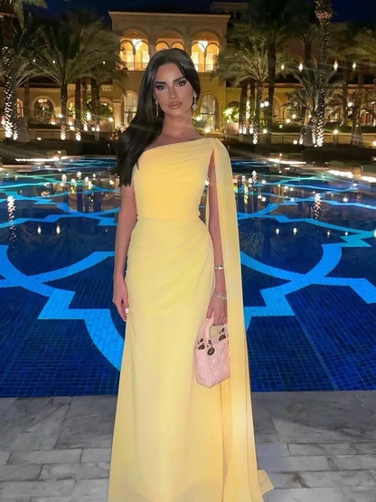 Yellow Chiffon One Shoulder Evening Dress Elegant Pleated Dubai Arabic Evening Gowns