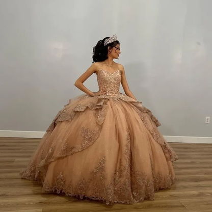 Champagne Shiny Off The Shoulder Ball Gown Quinceanera Dress Appliques Lace Beaded Birthday Party Gowns Sweet 16 vestidos