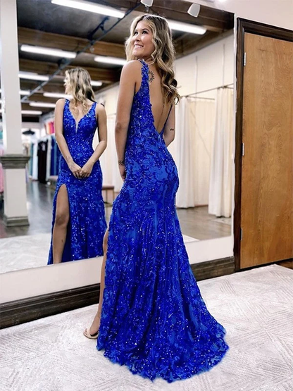 Mermaid Prom Dresses Sparkle & Shine Dress Formal Sweep V Neck Sequined Backless with Sequin Gown 2024