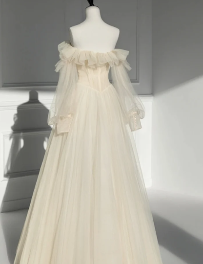 Champagne Off the shoulder Gown Dress Long Sleeve Prom Dress Evening Dress