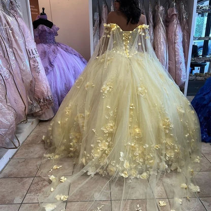 Ball Gown Quinceanera Dresses with Cape 3D Flower Princess Dresses Prom Gown