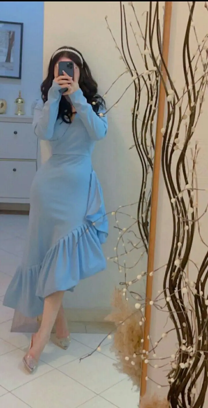 Mermaid Light Blue Women's Prom Dresses V Neck Long Sleeves Formal Occasion Dress Evening Dress       S5380
