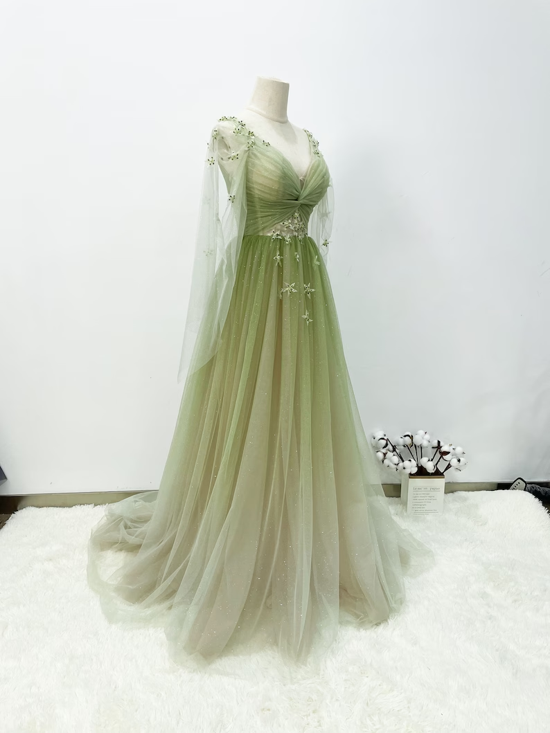 A line Gradient Green Prom Gown Soft Glitter Tulle Party Dress