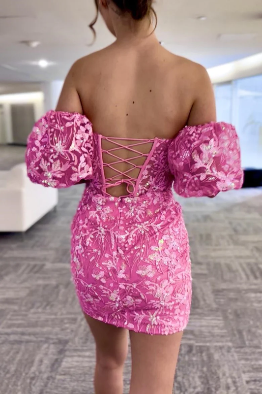 Hot Pink Sequin Lace Strapless Short Dress with Detachable Sleeves       S3684
