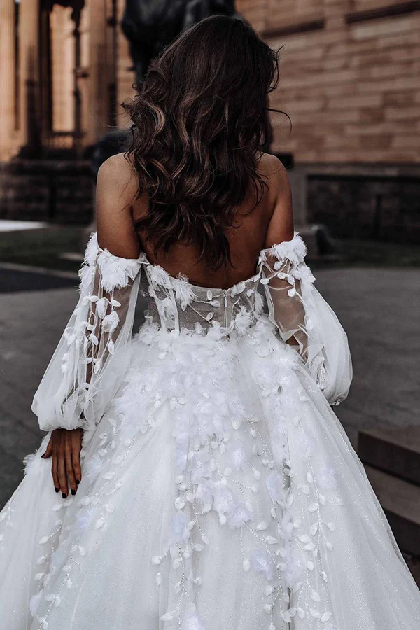 MODERN SWEETHEART SLEEVELESS WEDDING DRESS WHITE 3D FLORAL LACE BRIDAL GOWN