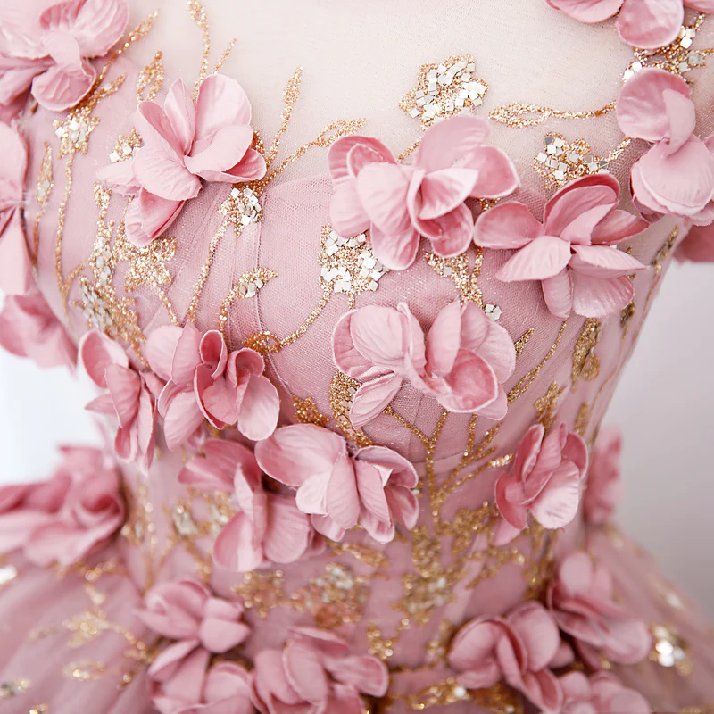 Lovely Pink Tulle Long Party Dress With Flowers Pink Tulle Sweet 16 Gown