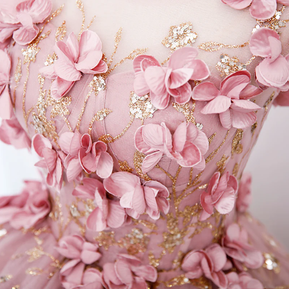 Lovely Pink Tulle Long Party Dress With Flowers Pink Tulle Sweet 16 Gown