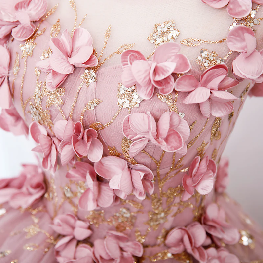 Lovely Pink Tulle Long Party Dress With Flowers Pink Tulle Sweet 16 Gown