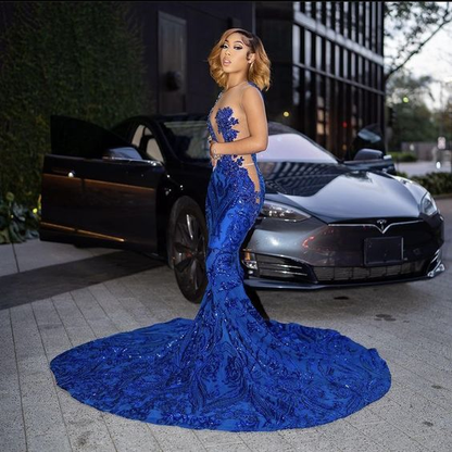 Sparkly Royal Blue Mermaid Long Prom Dress With Train Sexy Evening Dresses     S2487