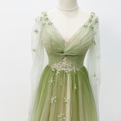 A line Gradient Green Prom Gown Soft Glitter Tulle Party Dress