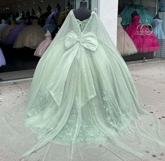 Sage Green Shiny Sweetheart Quinceanera Dresses With Cape Sweet 16 Dresses Ball Gown Applique Tulle Birthday Gowns