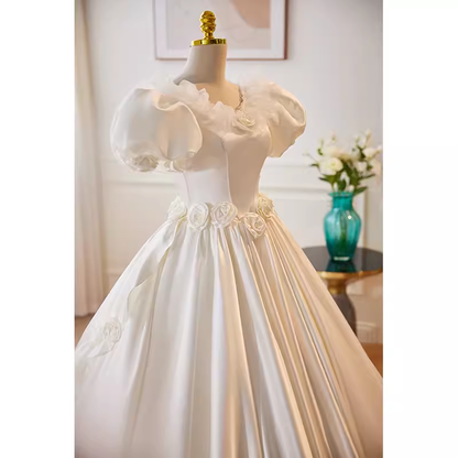 Vintage Ball Gown White Satin Long Wedding Dresses B130