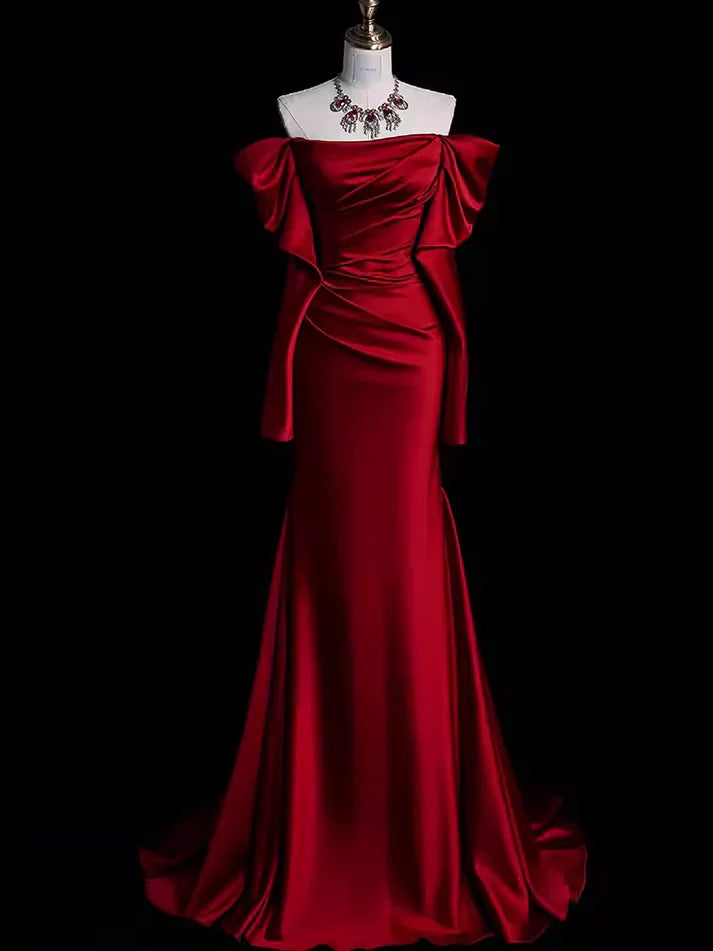 Burgundy Off The Shoulder Mermaid Long Satin Prom Dress Formal Party Evening Gown cc1552