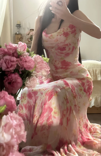 Fairy Spaghetti Straps Pink Chiffon Rose Floral Mermaid Long Party Dress 18th Birthday Outfits D2301