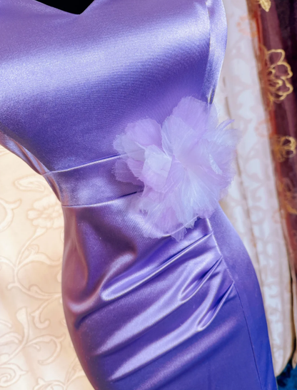 Classy Spaghetti Straps Purple Satin Appliques Mermaid Slit Party Dress Long Wedding Guest Dress SP1943